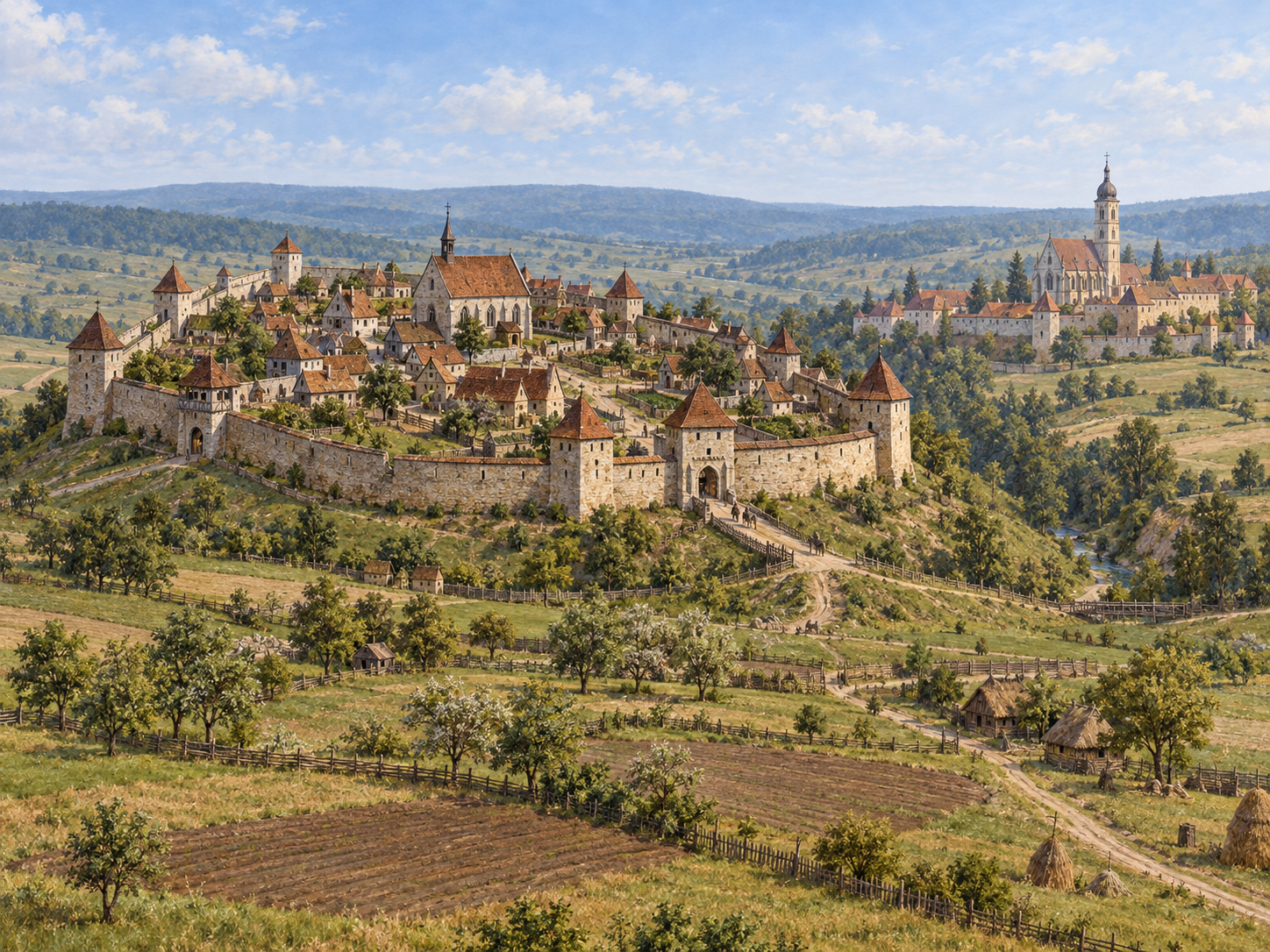 Walled Gradec on its hill with Kaptol and the cathedral beyond, fields and orchards in the foreground
