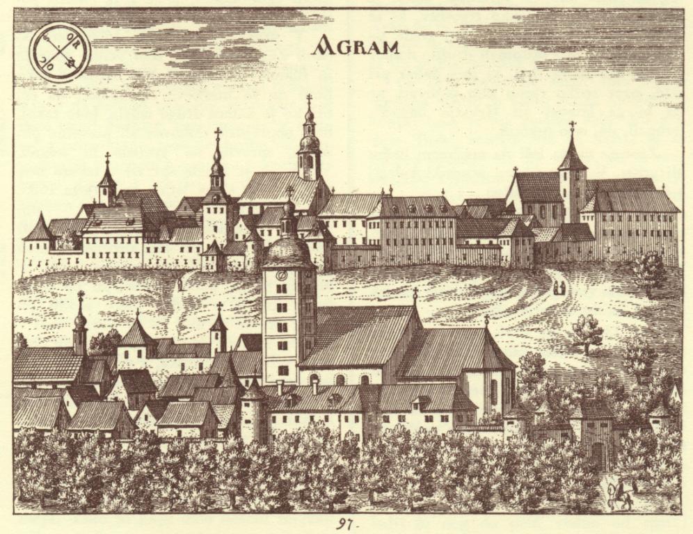 Agram seen from the south, an engraving with Gradec on the hill above Kaptol and its church tower