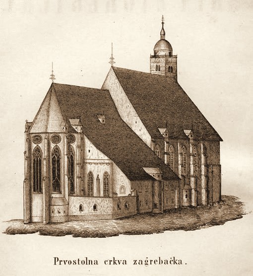 Engraving of the Zagreb cathedral on Kaptol, before the neo-Gothic rebuilding