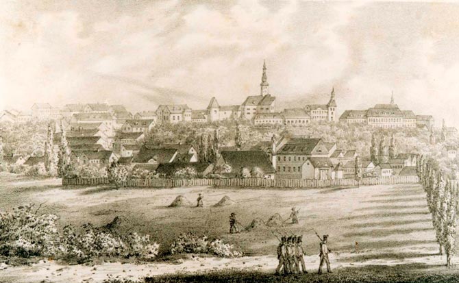 Agram seen from the south, a lithograph with haymakers in a meadow before the town