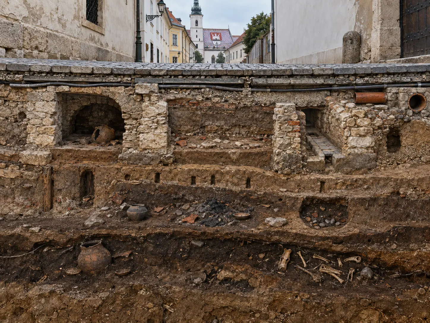 Excavated layers beneath a Gradec street, St Mark's Church beyond