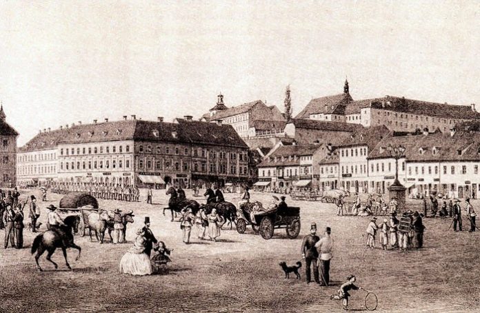 The Harmica square with market stalls, horse carts and townspeople in the nineteenth century