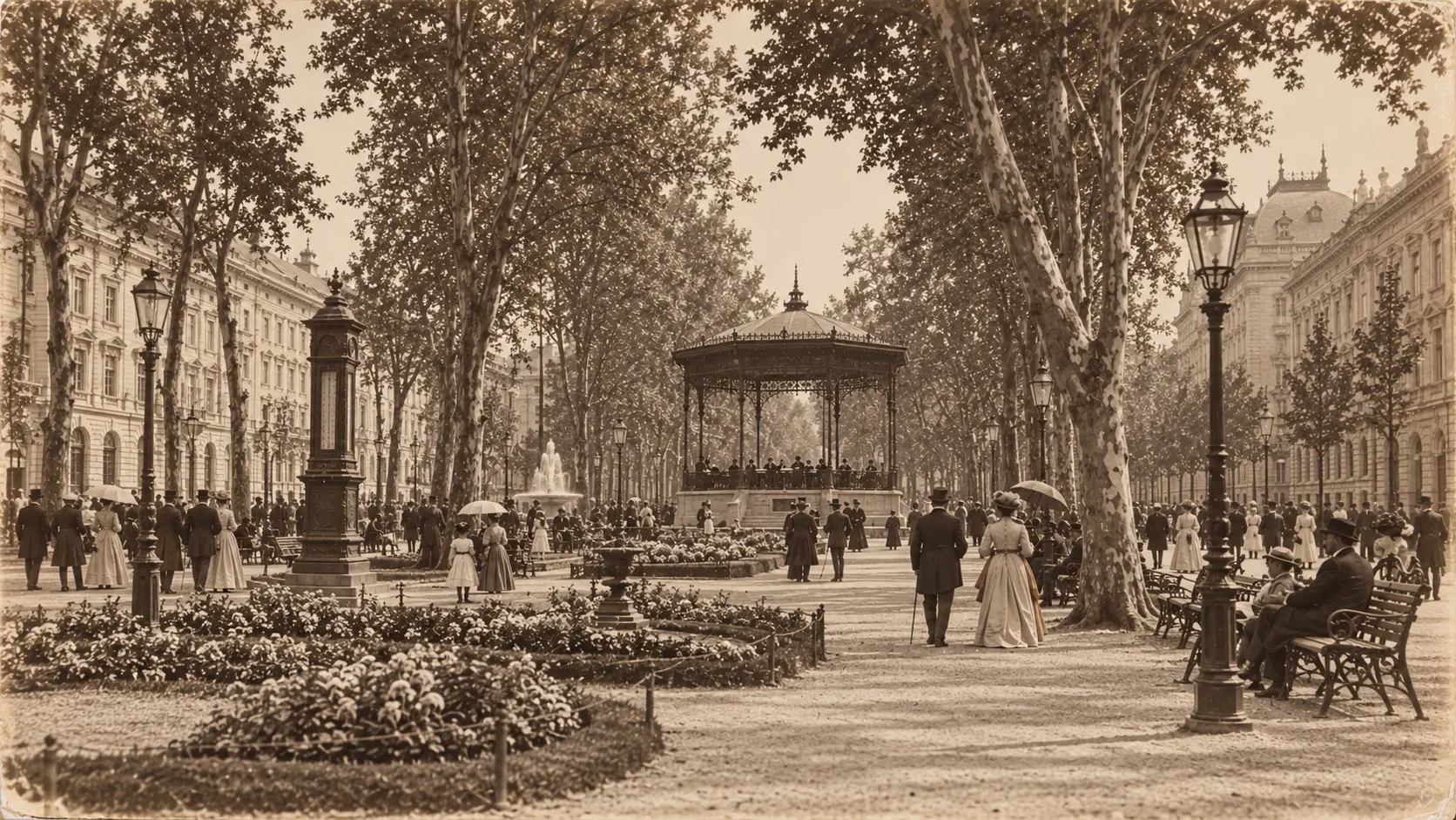 Tree-lined Zrinjevac park with its music pavilion, gardens and people walking
